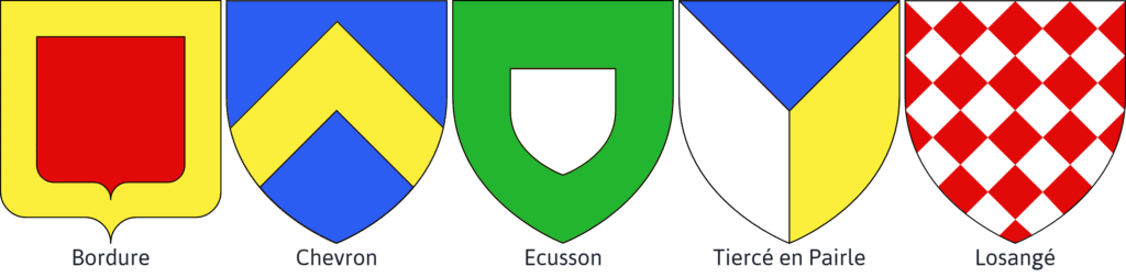 Blason présentant la figure héraldique Bordure, Chevron, Ecusson, Tiercé en Pairle, Losangé