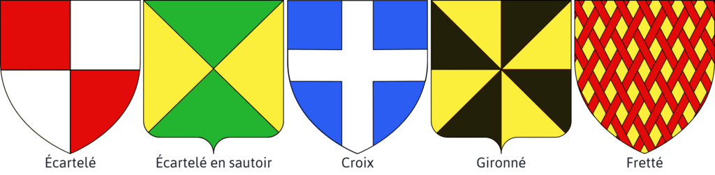 Blason présentant la figure héraldique Ecartelé, Ecartelé en sautoir, Croix, Gironné, Fretté