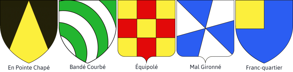 Blason présentant la figure héraldique En pointe chapé, Bandé courbé, Equipolé, Mal Gironné, Franc-quartier