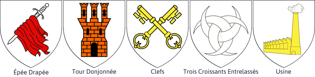 Blason présentant le meuble héraldique Epée, Tout, Clefs, Croissants, Usine