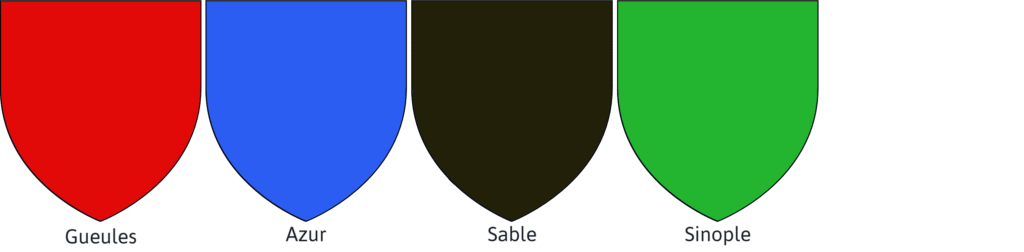 Blason présentant les émaux couleurs héraldiques Gueules Azur Sable Sinople
