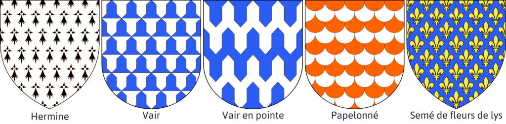 Blason présentant les fourrures héraldiques Hermine, Vair, Vair en pointe, Papelonné, Fleurs de Lys