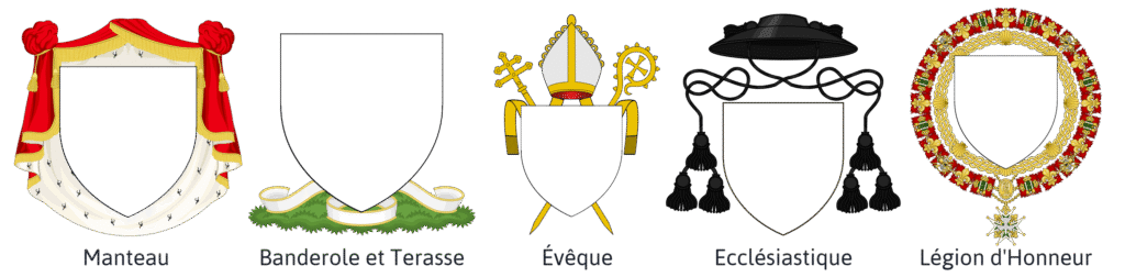 Scènes héraldiques présentant  Manteau, Banderole, Terasse, Evêque, Ecclésiastique, Légion d'Honneur