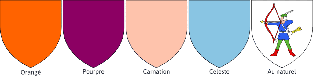 Blason présentant les émaux couleurs héraldiques Orangé Pourpre Carnation Celeste Au naturel