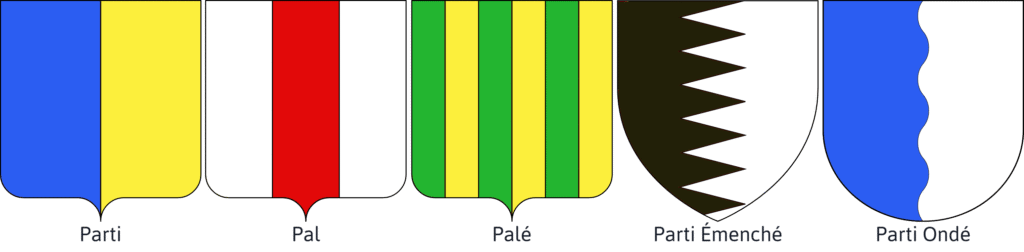 Blason présentant la figure héraldique Parti, Pal, Palé, Parti Émenché, Parti Ondé