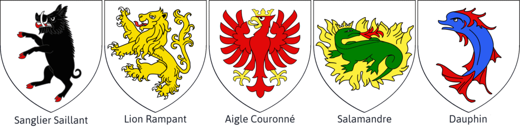 Blason présentant le meuble héraldique Sanglier, Lion, Aigle, Salamandre, Dauphin