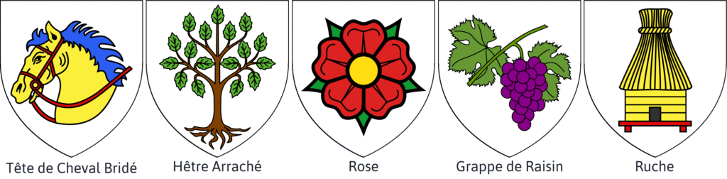 Blason présentant le meuble héraldique Cheval, Hêtre, Rose, Raisin, Ruche