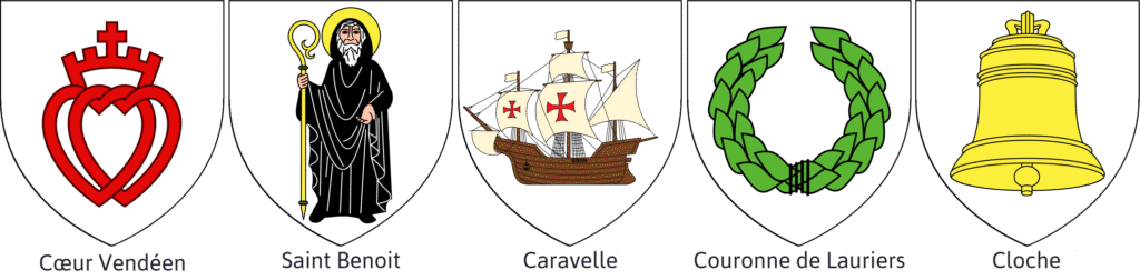 Blason présentant le meuble héraldique Coeur Vendéen, Saint, Caravelle, Couronne, Cloche